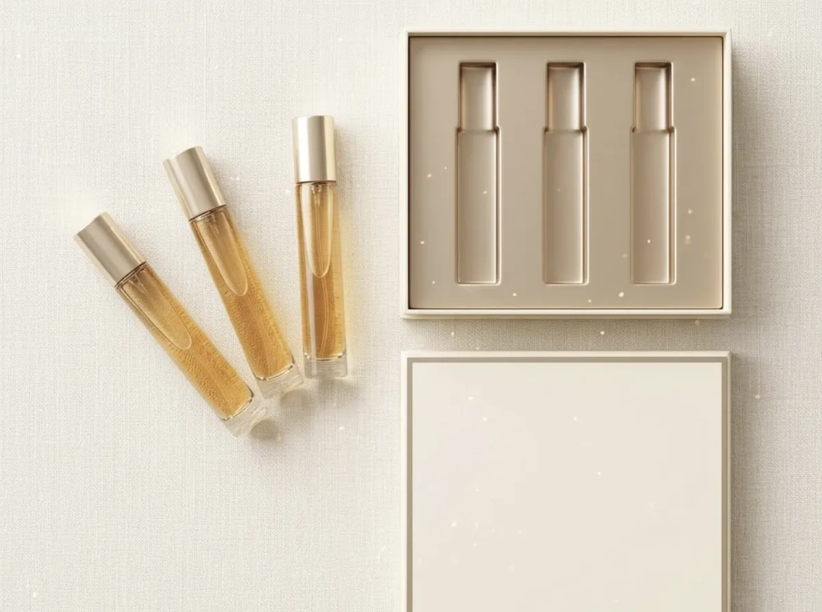 Coffret cadeau MYF ouvert : trois décants de parfum 10ml dorés et leur écrin crème et or